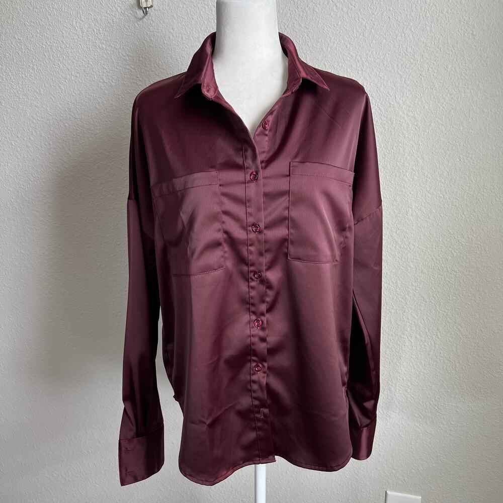 Nasty Gal Dark Red Oversized Button Down Shirt Women's 4 Shimmer Long Sleeves